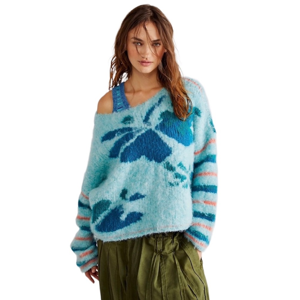 Free People Lily Pullover in Mosaic Sky Oversized Sweater Small